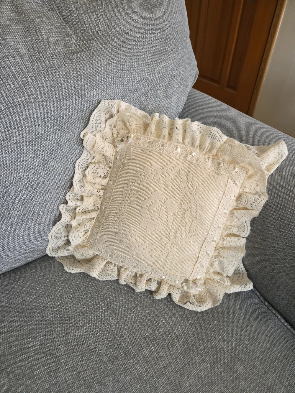 Vintage Cream Lace Decorative Throw Pillow with Ruffle Trim